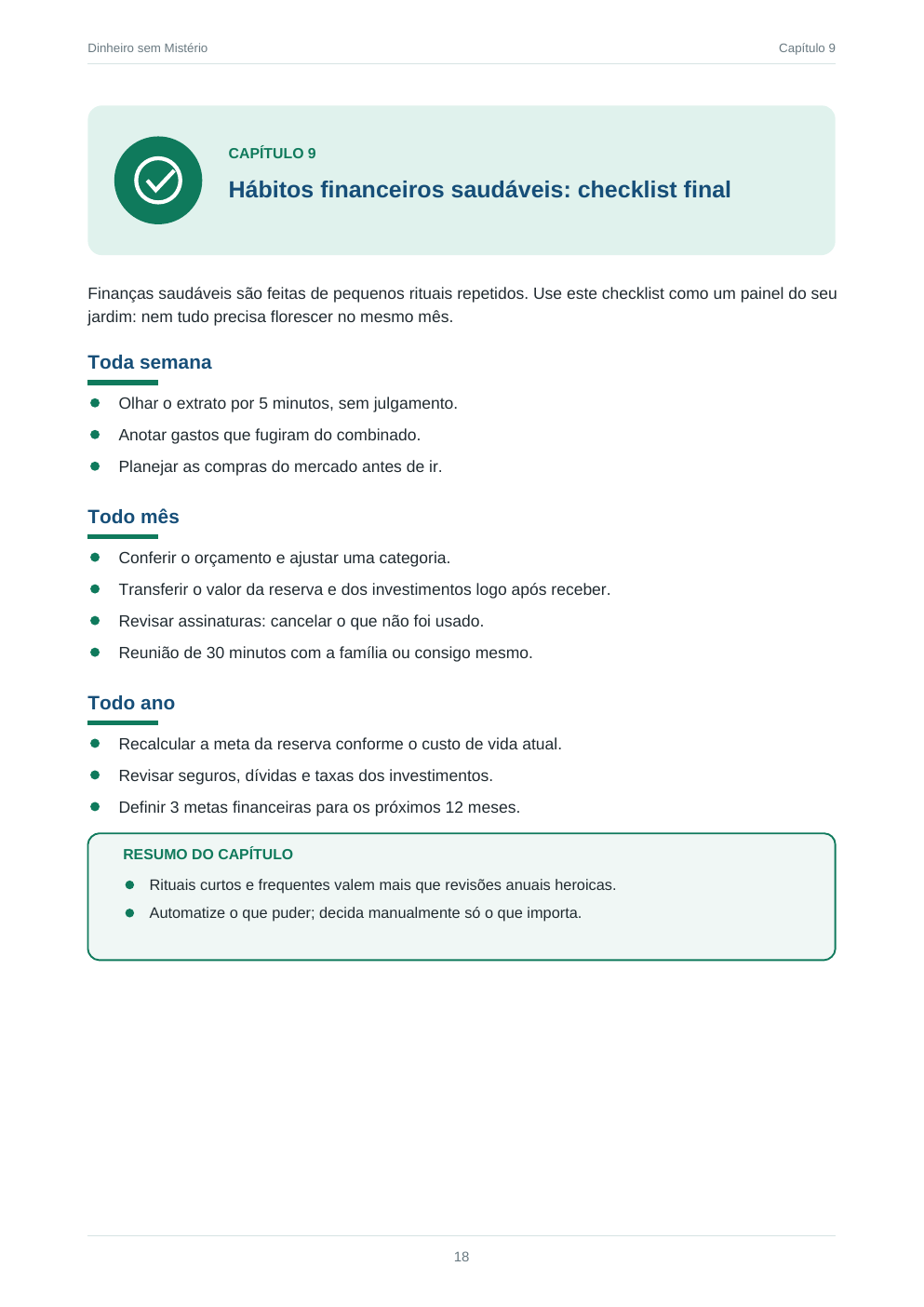Página real do e-book com checklist de hábitos financeiros saudáveis
